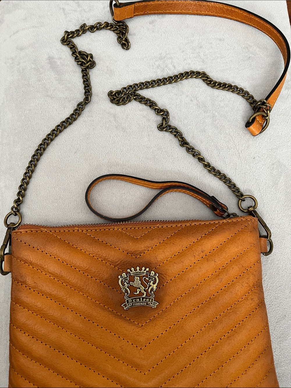 Pratesi Cognac Quilted Leather Crossbody Bag with Chain Strap